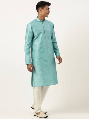 Bluish green jacquard silk kurtas 4