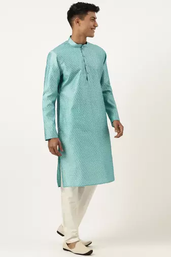Bluish green jacquard silk kurtas