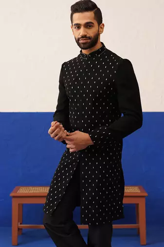 Jiggar thakkar in plain simmer black kurtas