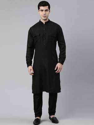 Black cotton pathani kurtas with patch pocket 1