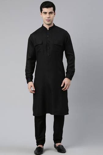 Black cotton pathani kurtas with patch pocket