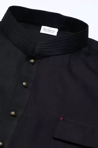 Black cotton pathani kurtas with patch pocket
