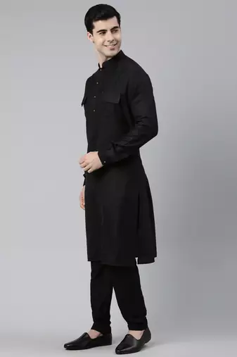 Black cotton pathani kurtas with patch pocket