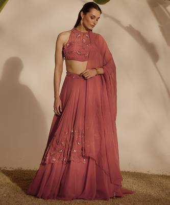 pink embroidered organza lehenga 1
