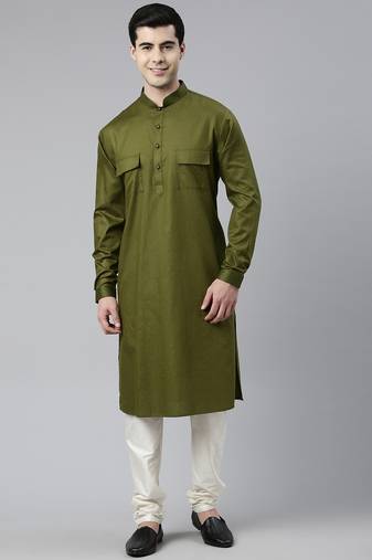 Green cotton pathani kurtas with patch pocket