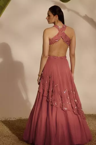pink embroidered organza lehenga