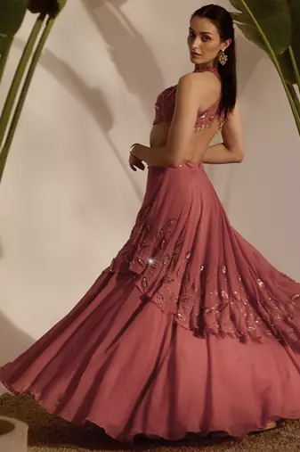 pink embroidered organza lehenga