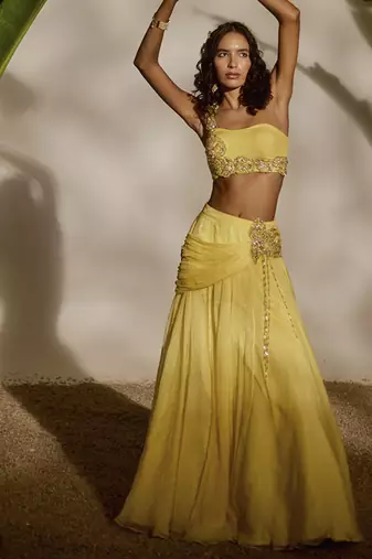 yellow plain organza lehenga with embroidered blouse