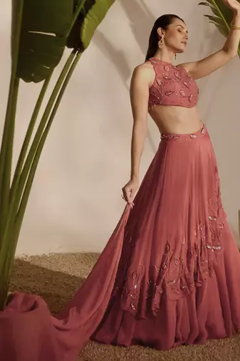 pink embroidered organza lehenga
