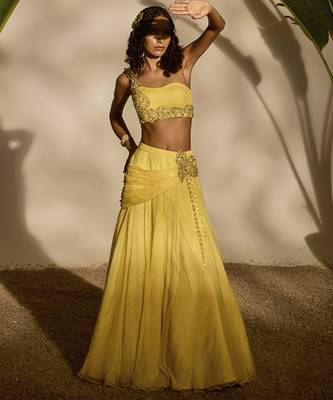 yellow plain organza lehenga with embroidered blouse 3