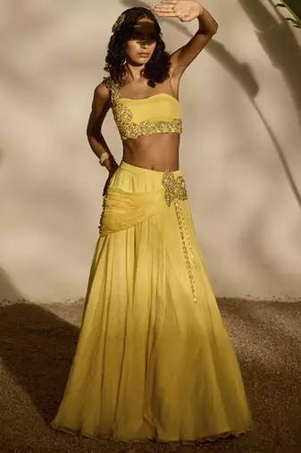yellow plain organza lehenga with embroidered blouse