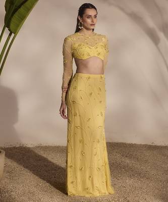 yellow embroidered net lehenga with blouse 1