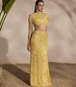 yellow embroidered net lehenga with blouse
