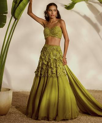 green embroidered organza lehenga 1