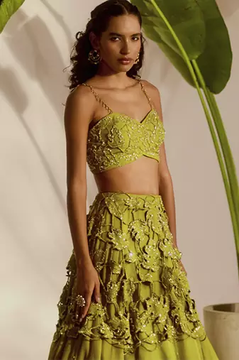 green embroidered organza lehenga