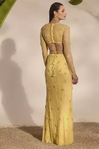 yellow embroidered net lehenga with blouse