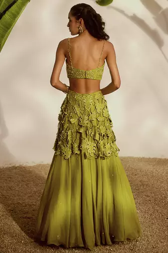 green embroidered organza lehenga