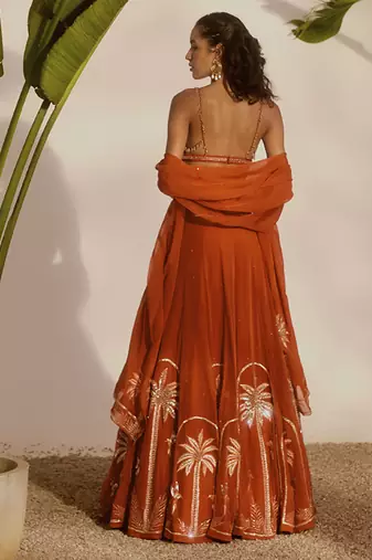 orange embroidered organza lehenga