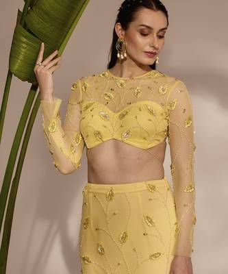yellow embroidered net lehenga with blouse 4