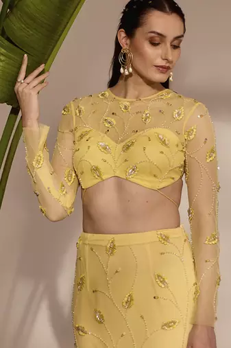 yellow embroidered net lehenga with blouse