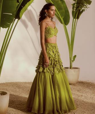 green embroidered organza lehenga 4