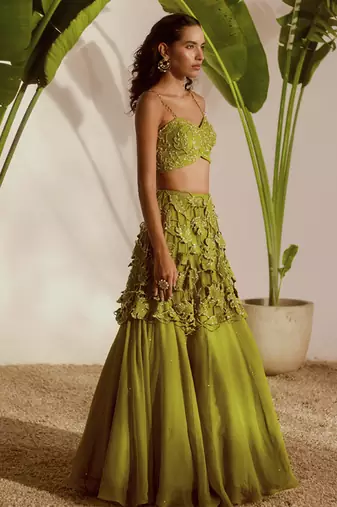 green embroidered organza lehenga