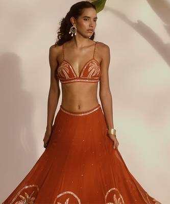 orange embroidered organza lehenga 4