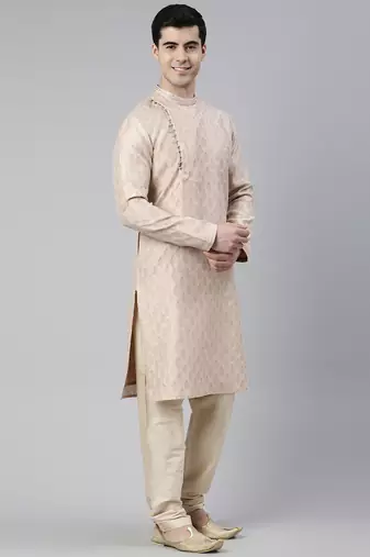 Peach jacquard side placket kurtas