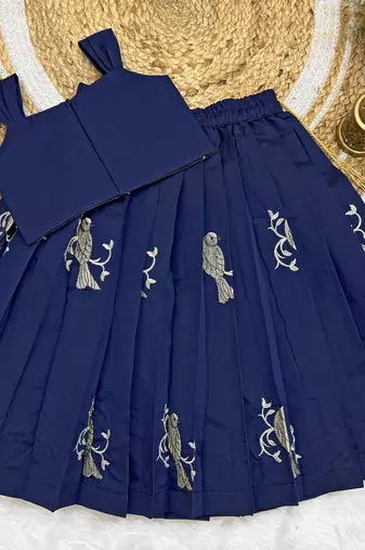 Baby Girls Readymade South Indian Pattu Pavadai Blue Lehenga Choli Set For Kids