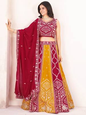 red silk sequins embroidered lehenga set choli with dupatta 6