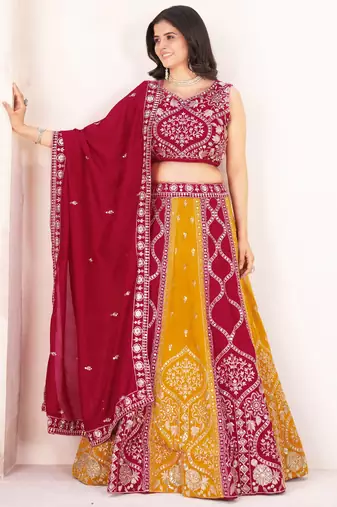 red silk sequins embroidered lehenga set choli with dupatta
