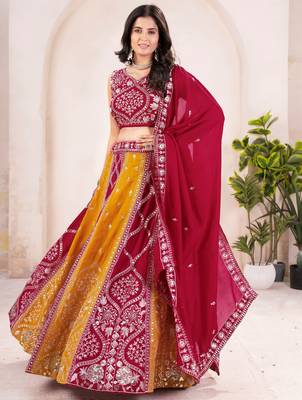 red silk sequins embroidered lehenga set choli with dupatta 7