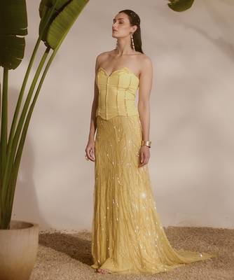 yellow embroidered organza lehenga with bustier 1