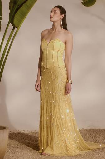 yellow embroidered organza lehenga with bustier