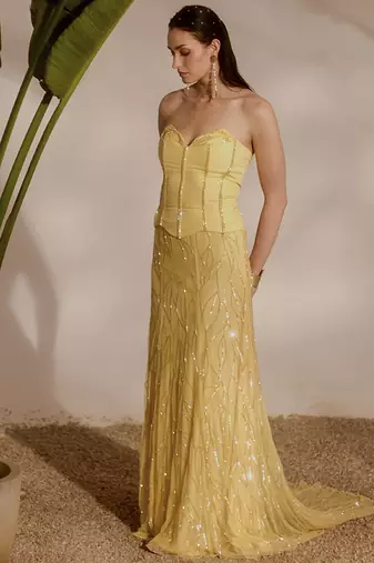 yellow embroidered organza lehenga with bustier