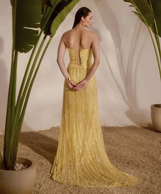 yellow embroidered organza lehenga with bustier 3