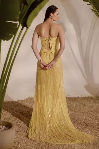 yellow embroidered organza lehenga with bustier