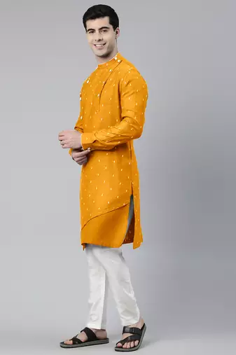Mustard design asymmetrical kurtas