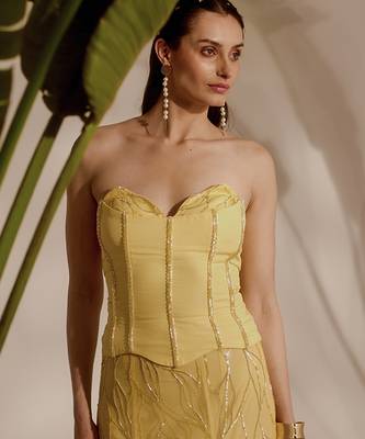 yellow embroidered organza lehenga with bustier 4