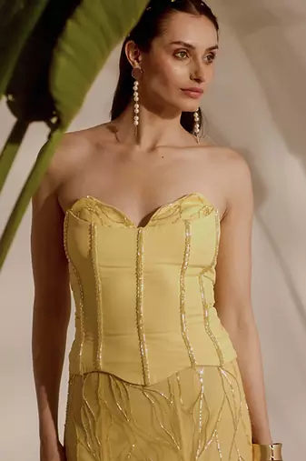 yellow embroidered organza lehenga with bustier