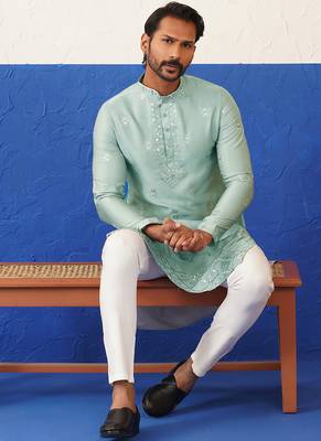 Aqua blue sequin embroidered ceremonial kurtas 1