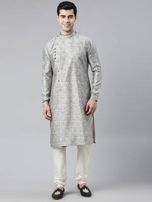 Grey block printed angrakha style chanderi silk kurtas 1