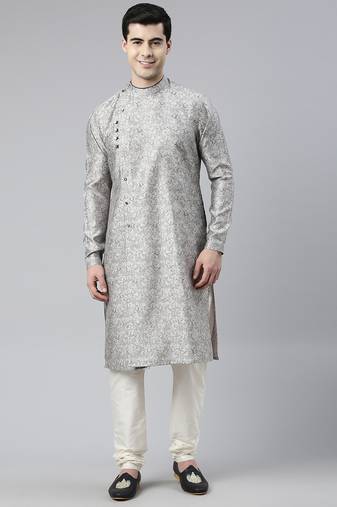 Grey block printed angrakha style chanderi silk kurtas