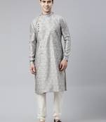 Grey block printed angrakha style chanderi silk kurtas