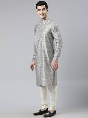Grey block printed angrakha style chanderi silk kurtas 3
