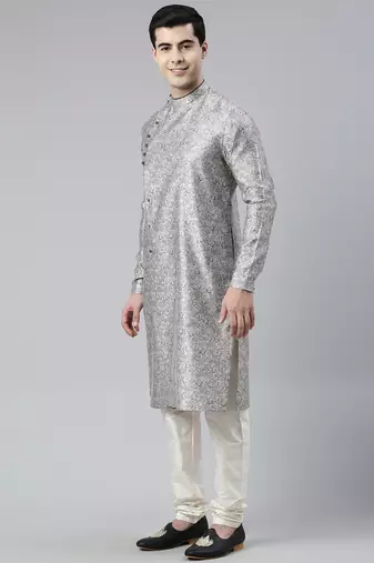 Grey block printed angrakha style chanderi silk kurtas