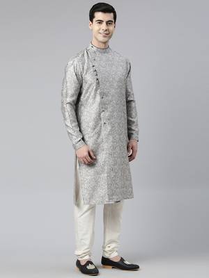 Grey block printed angrakha style chanderi silk kurtas 4