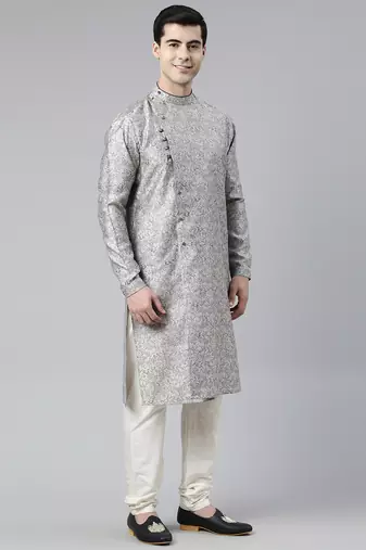 Grey block printed angrakha style chanderi silk kurtas