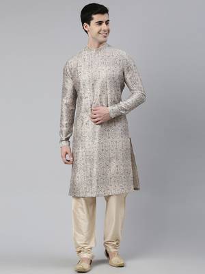 Cream floral block printed angrakha full open chanderi silk kurtas 1