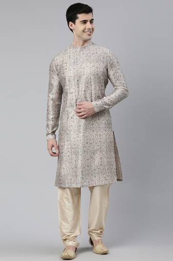 Cream floral block printed angrakha full open chanderi silk kurtas
